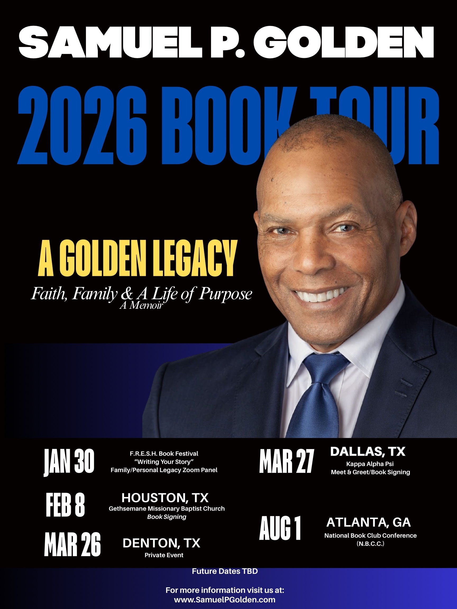 Flyer depicting the details of Samuel P. Goldens Book Tour