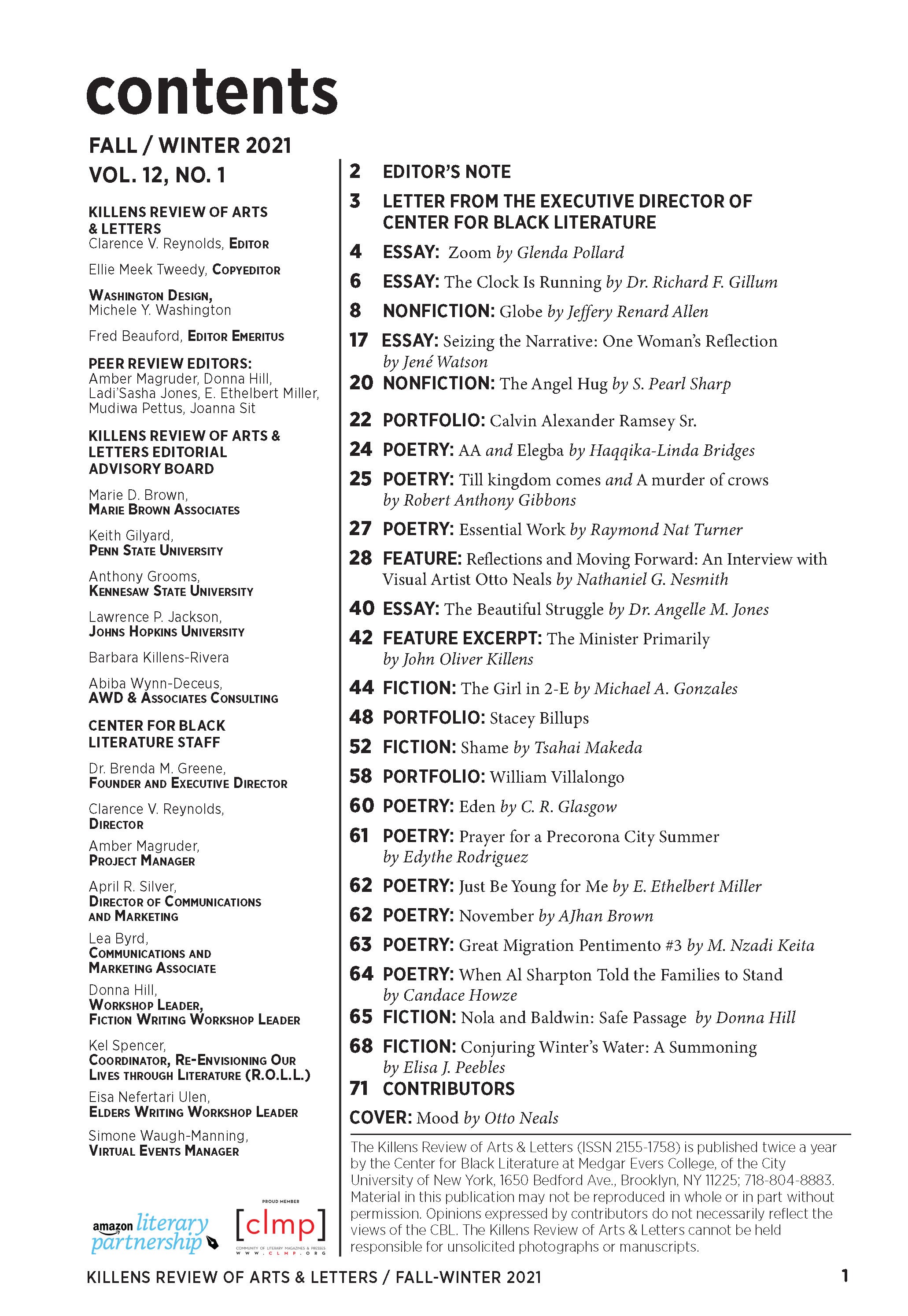 photo of Table of Contents Killens Review of Arts & Letters (Fall / Winter 2021)