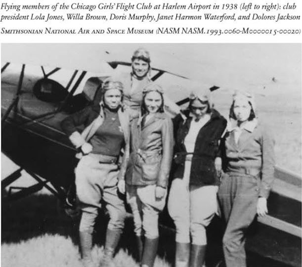 Photo of the Flying members of the Chicago Girls' Flight Blub and Harlem Airport in 1938
