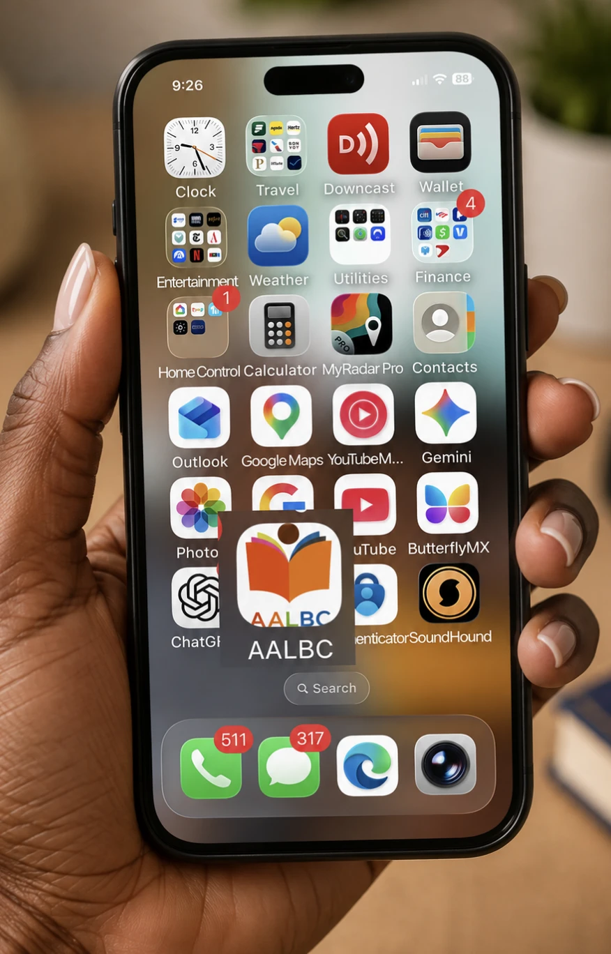 Black woman holding a mobile phone showing the AALBC web app icon