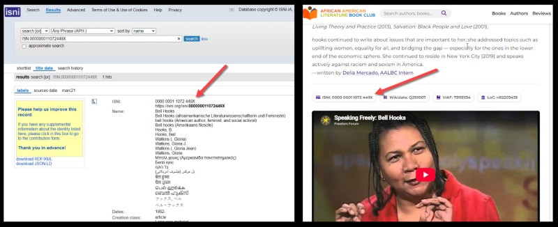 ISNI example for author bell hooks / Gloria Jean Watkins